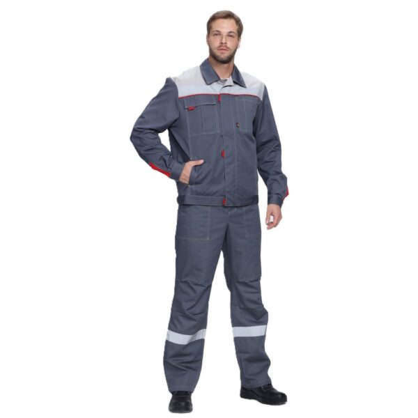 Костюм мужской "Фаворит-2 Премиум" СОП с полукомбинезоном (т.серый/серый/красный)